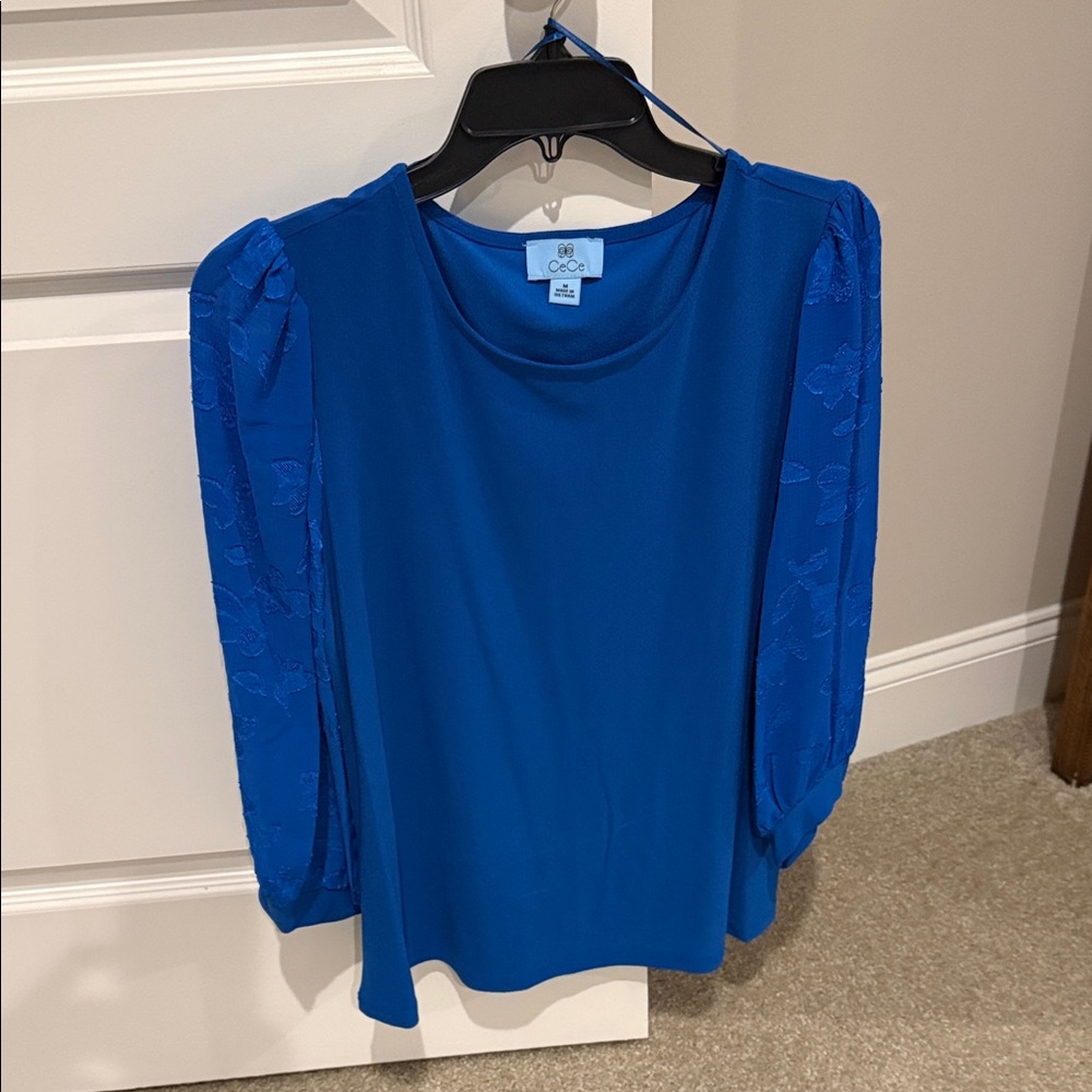 CeCe Royal Blue Blouse with Sheer Embroidered Sleeves